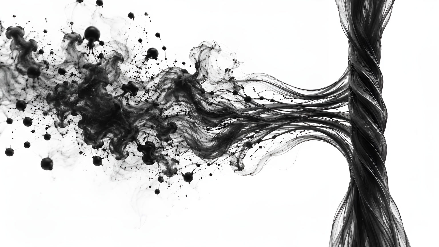 Black ink bursting on the left and braiding into a column on the right