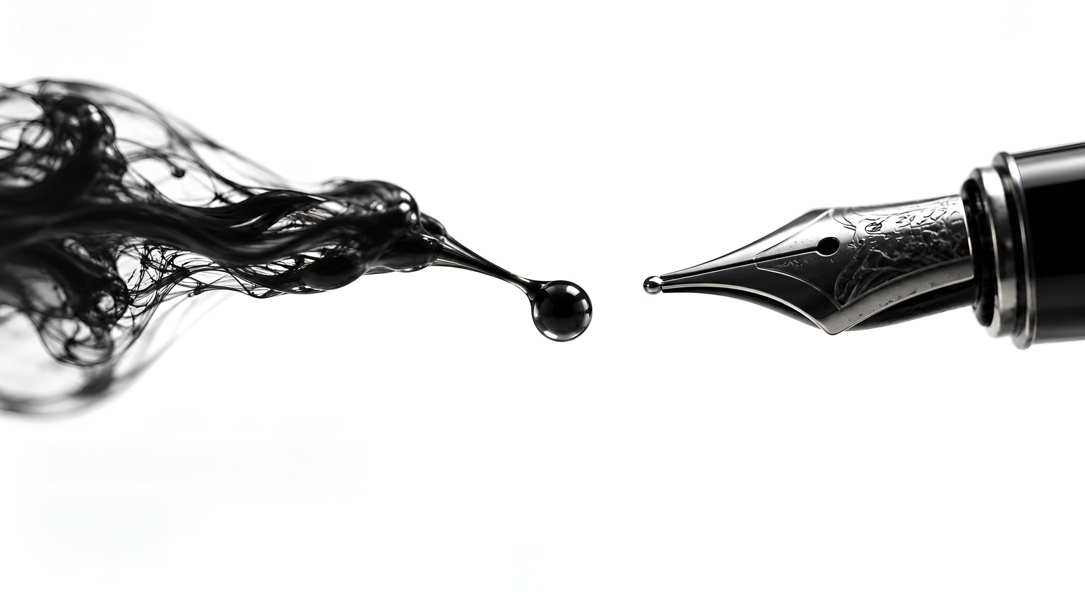 A single drop of ink suspended in front of a quill